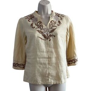 White Lily cream brown embroidered vintage linen blouse